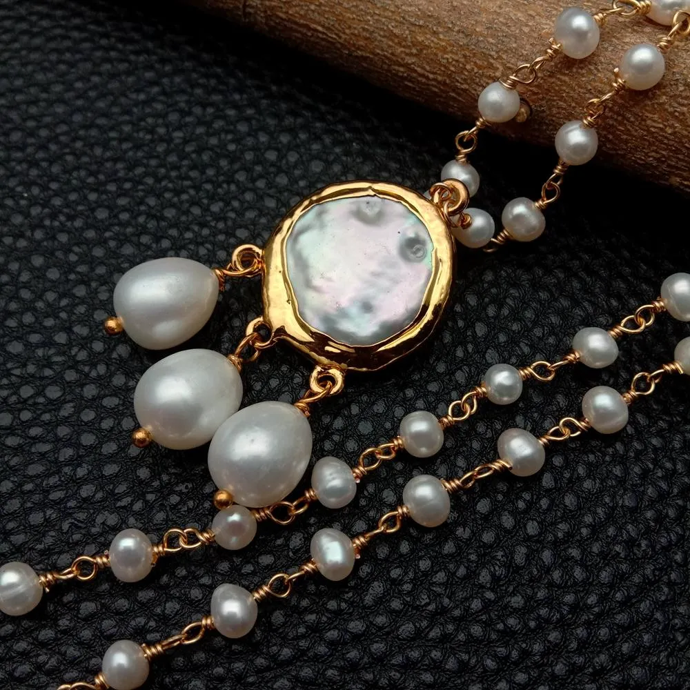 YYGEM Collier avec pendentif en forme de chapelet de perles blanches de culture d'eau douce 45,7 cm
