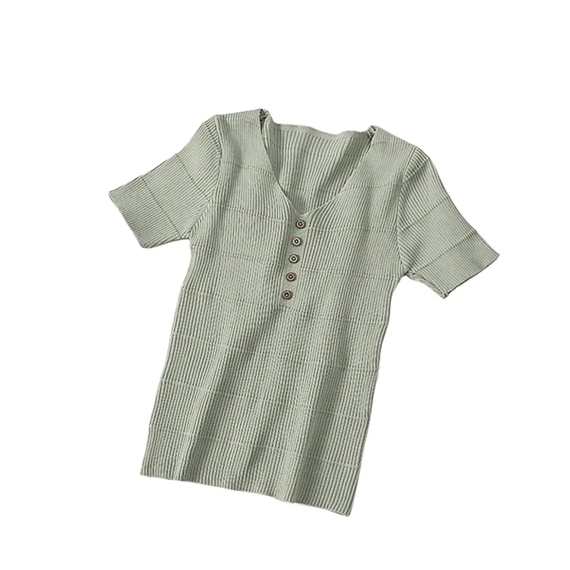 Женская футболка лето с коротким рукавом кнопка V-образным вырезом повседневная пуловер твердых цветных топов женская мода одежда 210522