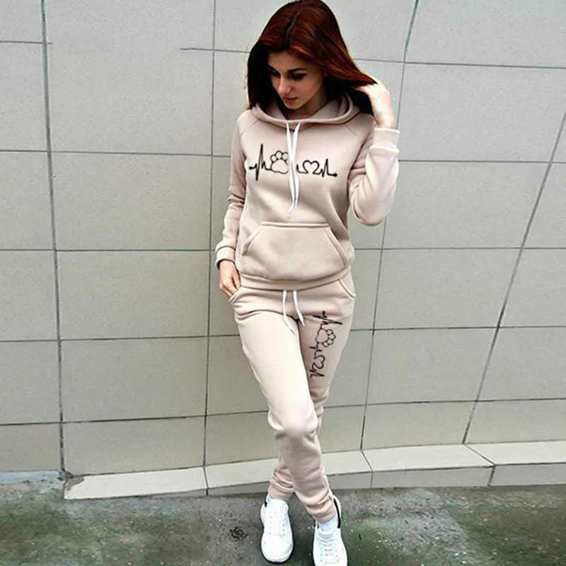 Spring Hoodies Suit Solid Casual Tracksuit Kvinnor Vintage Set Sport Sweatshirts Winter Pullover Home Sweatpants Outfits 210930
