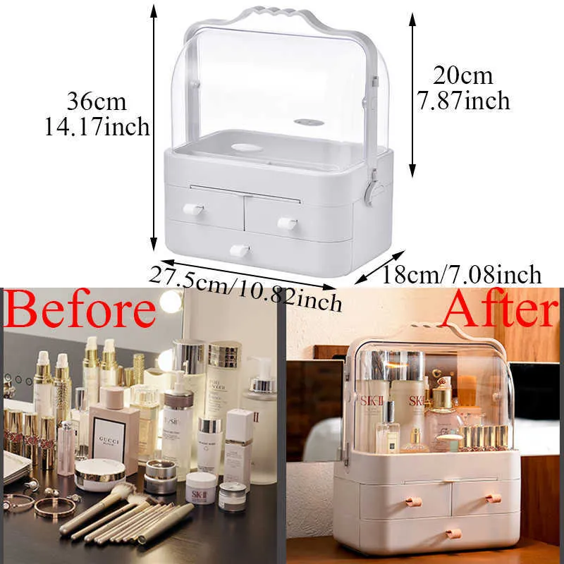 Creative Desktop Organizer Transparent Cosmetic Storage Box Protable Makeup Drawer Rotating Travel s Mirror 210922