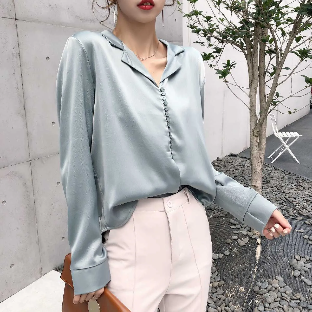Camicia da donna in chiffon di raso a maniche lunghe primavera autunno vintage chic colletto coreano camicetta e top 210607