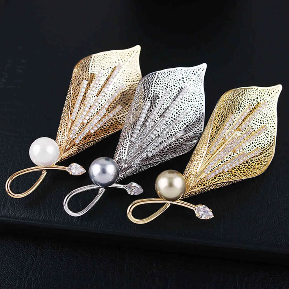 Spille a foglie vuote Donne Zircon Pearls Abbigliamento Pins e spilla Accessori feste Fashion gioielli femminili