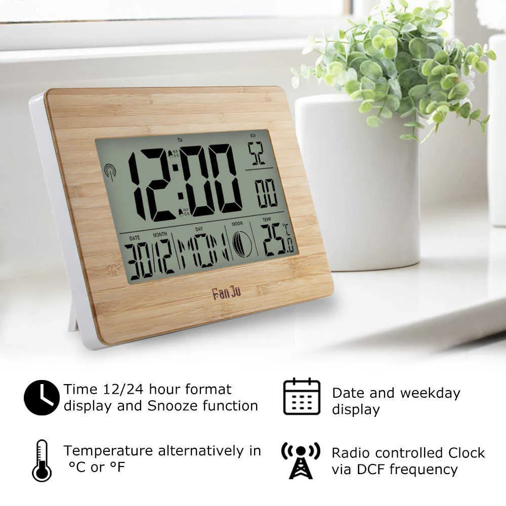 FanJu Digital Wall Clock LCD Big Large Number Time Temperature Calendar Alarm Table Desk Clocks Modern Design Office Home Decor 210724