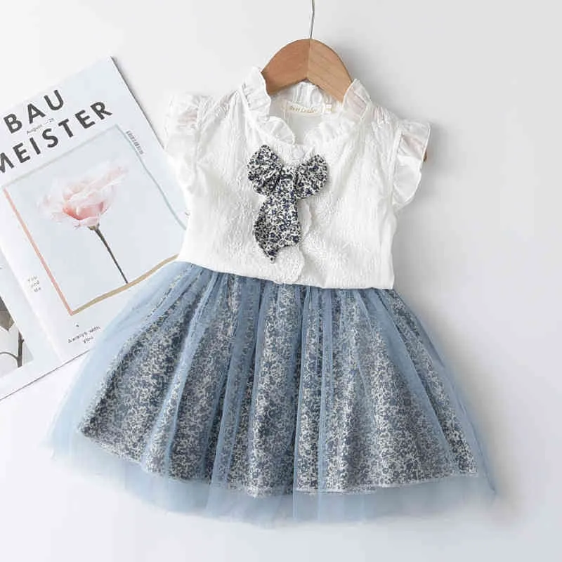 Girls Casual Dress Summer Kids Cute Bowtie es Children Lovely Mesh Party Costumes Baby Clothing 210429