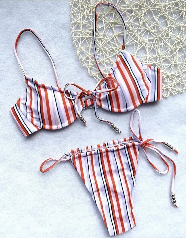 Beach Set Sexy Ladies Back Push Up Striped Bikini Padded Bra Swimwear Swim Women Suit Swimsuit Beachwear set 210429