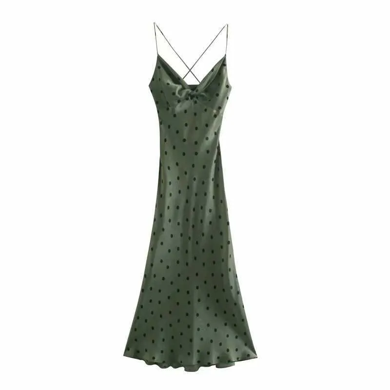 Été Za vert à pois Midi Dres Sexy dos nu robes de soirée femme élégant Slip croix sangle noeud femme Camisole 210608