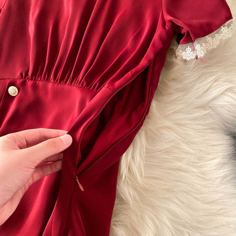 Vintage Siyah / Kırmızı Dantel Örgü Patchwork Elbise Kadınlar Zarif Turn-down Yaka Kısa Kollu A-Line Vestidos Kadın Yaz 2021 Yeni Y0603