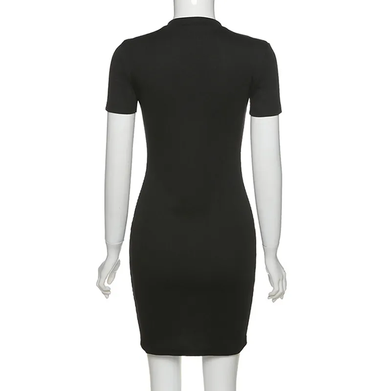 Kvinnor klänning väska hip smal passform solid front dragkedja öppen djup v-hals svart avslappnad kortärmad sommar streetwear 210522