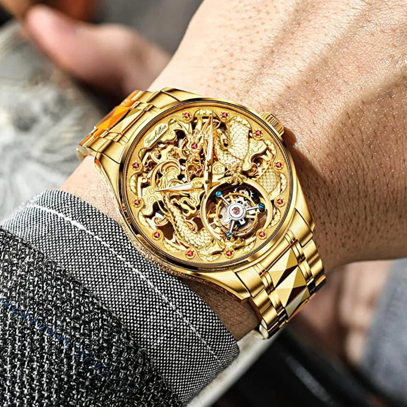 Orologio automatico da uomo con drago d'oro di lusso, tourbillon meccanico, zaffiro, orologio da polso di marca superiore impermeabile, orologi da polso trasparenti 306g