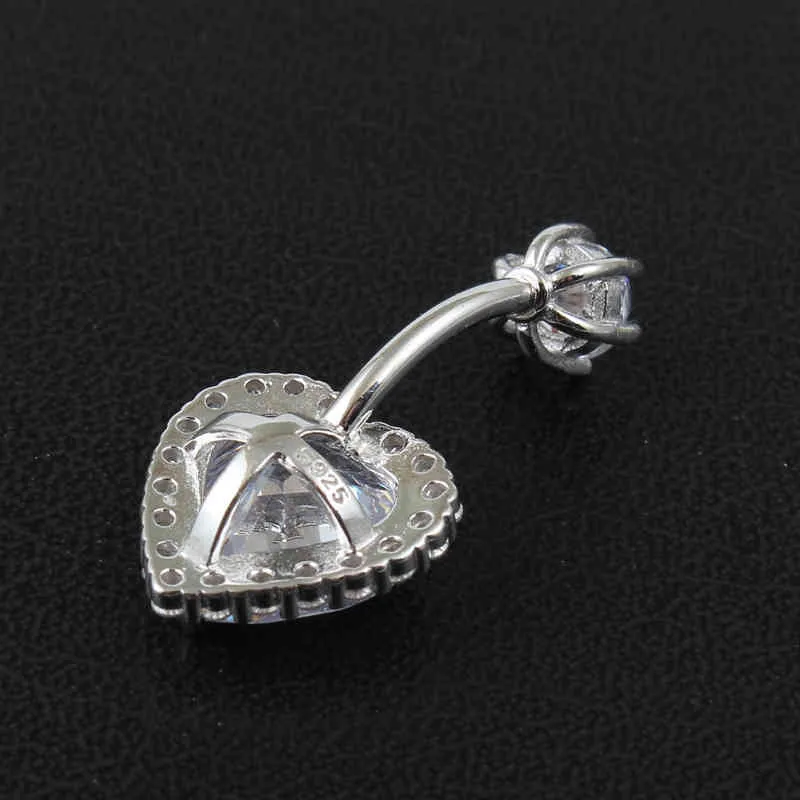 Real 925 sterling silver belly button ring women fine heart body piercing jewelry S925 6 8 10 mm navel bar zircon stones