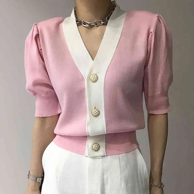Frauen Pullover Sommer Koreanische Chic Stil Kontrast Farbe Kanten V-ausschnitt Einreiher Abnehmen Puff Sleeve Cardigans 210514