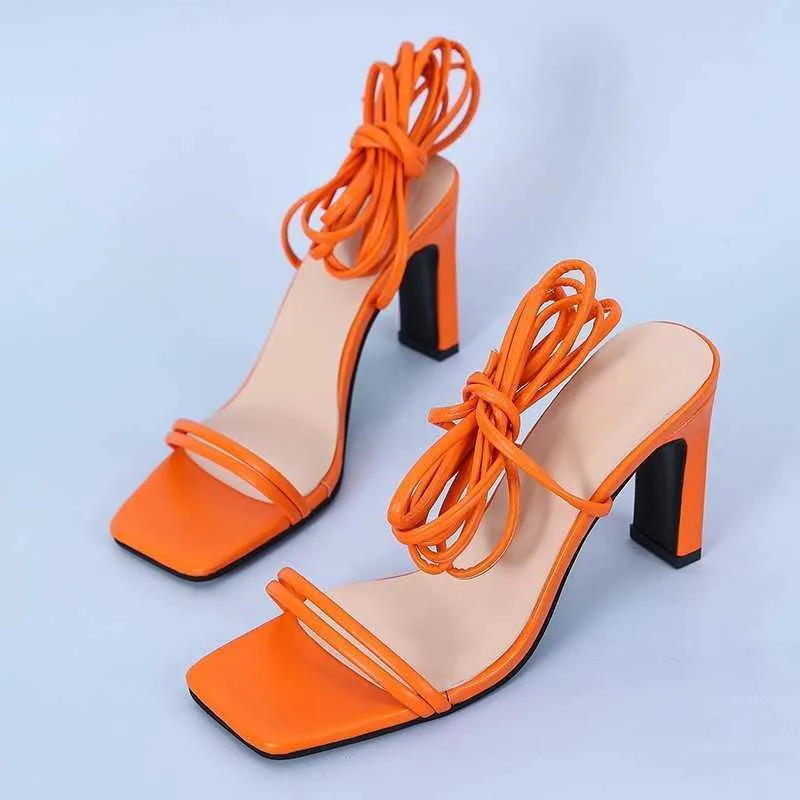 Fresh Green Orange Lace Up Sexiga Sandaler För Kvinnor Sommar Högklackat Skor Square Toe Klänning Sandal Stor Storlek 43 Y0721