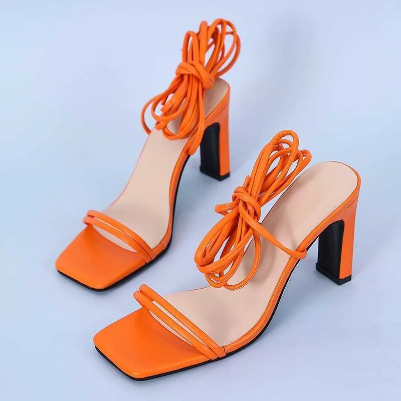 Świeże zielone pomarańczowe koronki sexy sandały dla kobiet lato wysoki obcas buty kwadratowe nudy sandał duży rozmiar 43 y0721