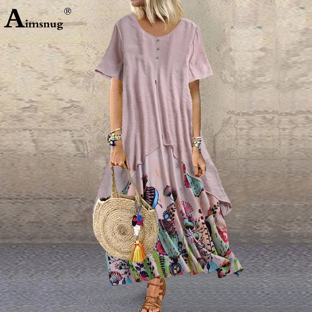 Aimsnug Femmes Élégant Longue Robe Maxi Vintage Imprimer Summer Beach Robe 2020 Plus Taille 5XL Dames Bohème A-ligne Robes Femme X0521