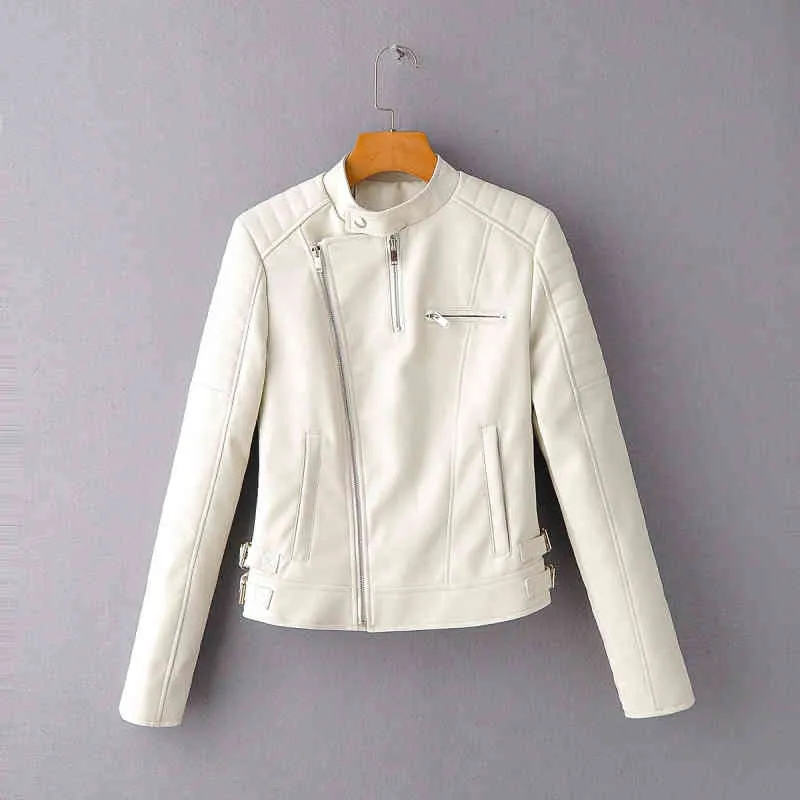Мода мото стиль женщины искусственные кожаные пальто весна белые прохладные женские куртки повседневные женские искусственные карманы девушки 210427