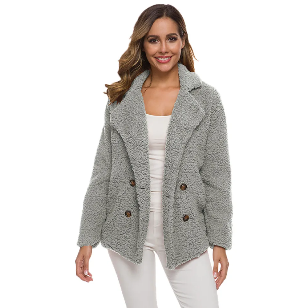 Casual Teddy Coat Donna Autunno Inverno Risvolto Doppiopetto Plus Size Giacca in pelliccia sintetica calda Donna Tasca allentata Peluche Outwear 210507