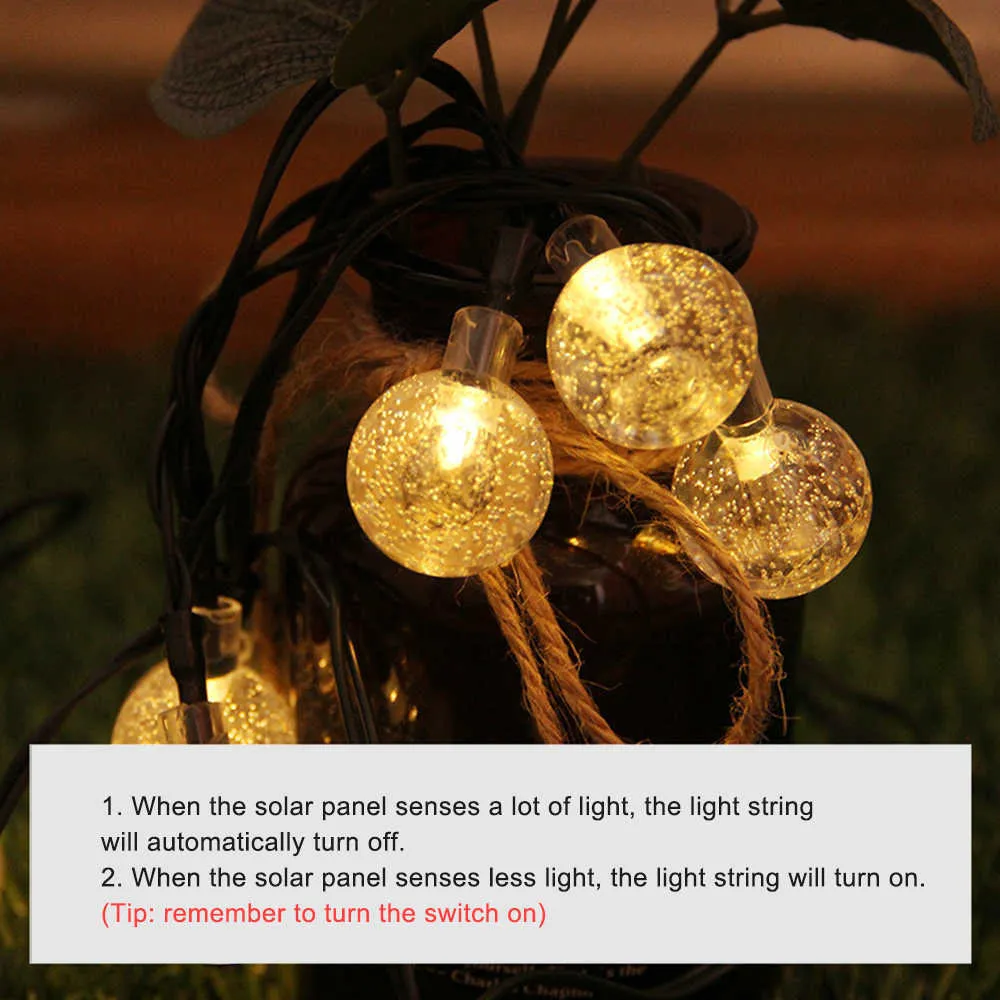 LED 태양 정원 라이트 야외 5 7 12m 20 50 100 크리스탈 볼 전구 끈 조명 램프 홈 파티 크리스마스 장식 체인 Y0717222291