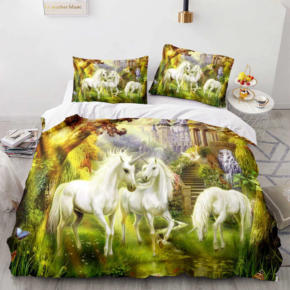 Set di biancheria da letto unicorno Single Twin Full Queen King Size Letto cavalli con un corno Aldult Kid Camera da letto Copripiumino s Stampa 3d 031