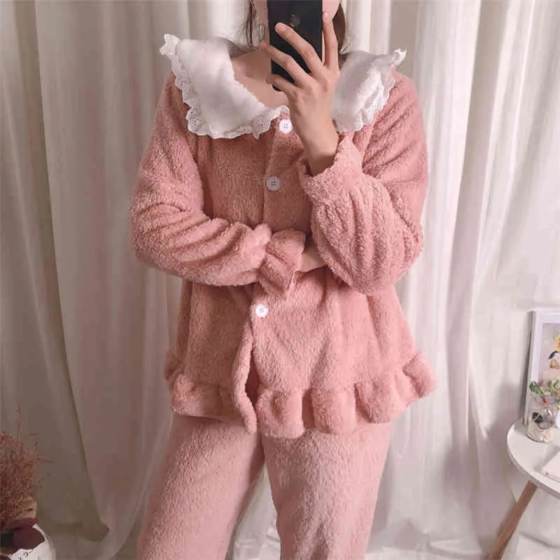 Elegance Thick Warm Cute Homewear Nightwear Gentle Chic Arrival Loose Casual All Match Sweet Pajamas Sets 210525