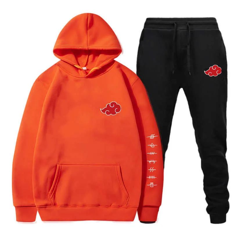 Yeni 2 Parça Set Akatsuki Bulut Sembolleri Baskı Hoodies + Pantolon Eşofman Erkek Kadın Kazak Streetwear Kazak Sudaderas Y0831