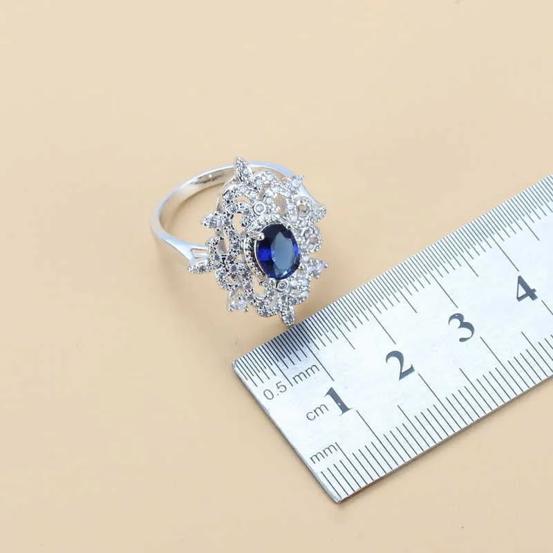 Mulheres Acessórios Do Casamento Prata Cor Azul CZ Jóias Conjuntos Dangle Brincos Colar e Anel para Mulheres Bridal Sets H1022