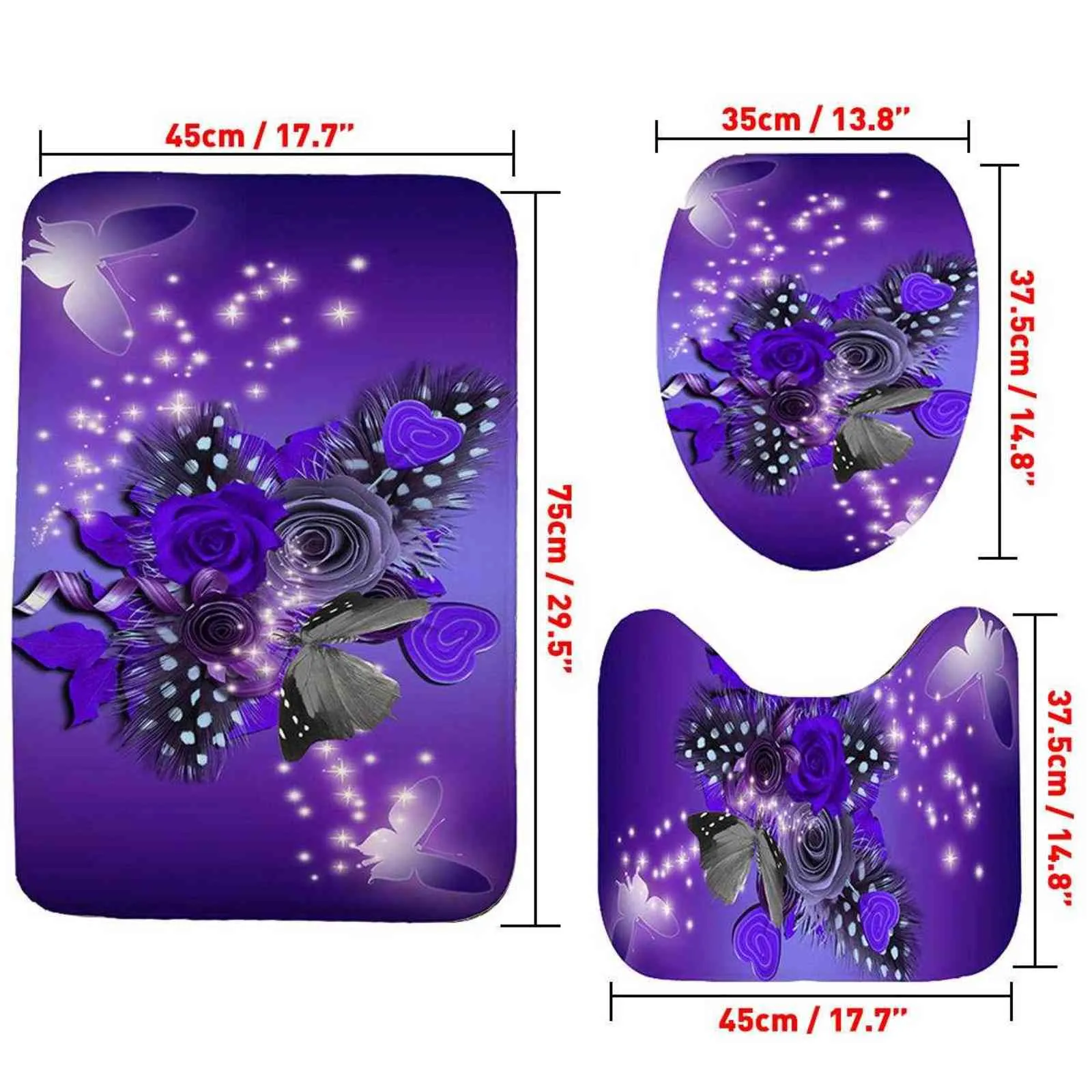 Purple Flower Butterfly Waterproof Print Shower Curtain Carpet Cover Toilet Cover Bath Mat Pad Set Bathroom Curtain 211116