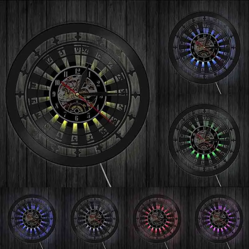 Casino Roulette Wheel Gamble Vinyl Record Wall Clock för Bar Pub Game Room Club Las Vegas Konstverk Retro Musik Album LP Klocka H1230