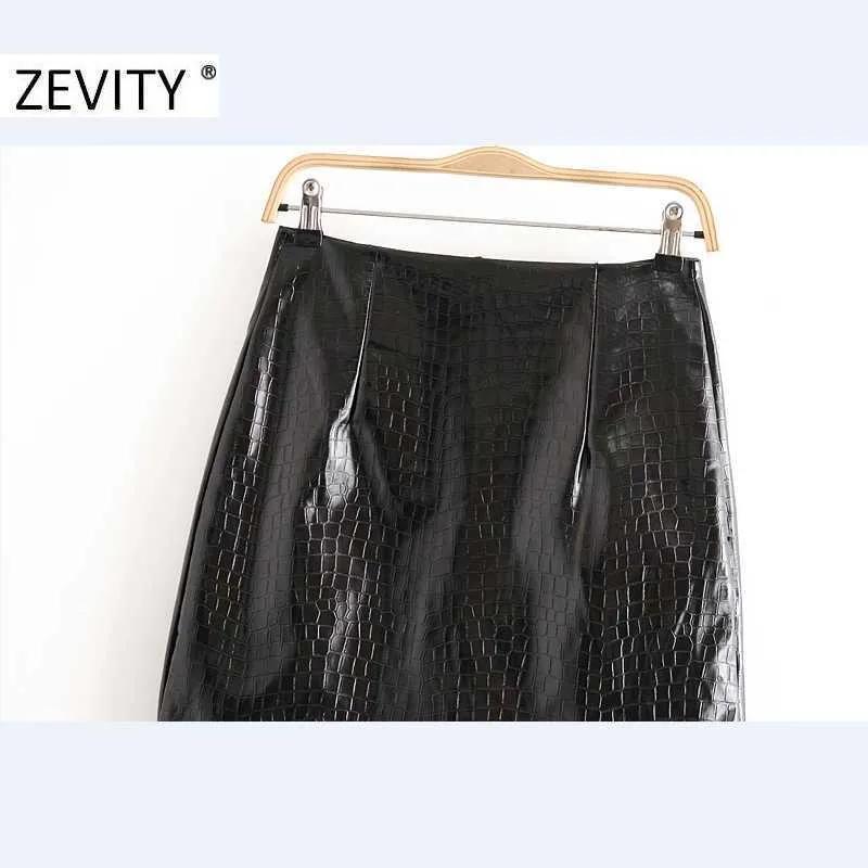 Zevity Autumn Women Vintage Animal Textue Faux Läder En Linje Skirt Faldas Mujer Office Ladies Back Zipper Chic Vestido QUN699 210603