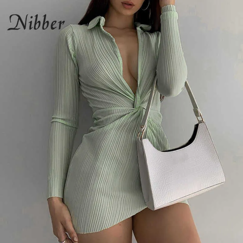 Nibber Summer Nouvelle robe à manches longues de couleur pure Col en V profond Slim Sexy Casual pour les femmes de bureau Vêtements de transport quotidiens 2021 Y0823