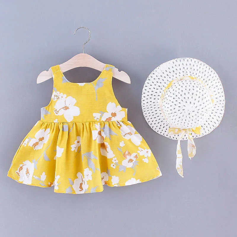 2021 Nouvelle mode bébé fille robes princesse vêtements mignon ensemble fête coton fleur enfants chapeau sans manches doux 1-3 ans Q0716