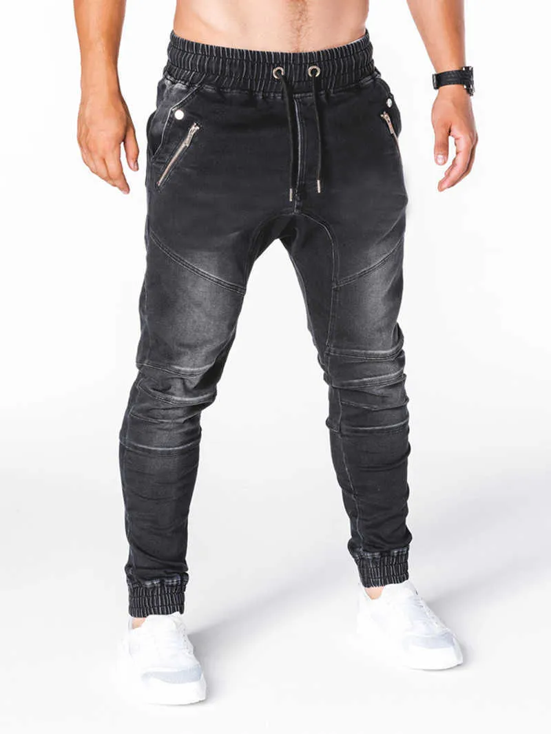 Männer Hohe Qualität Stretch Jeans Elastische Taille Kordelzug Multi-Taschen Sport Hosen Hip-Hop Denim Männlichen Casual Jogging Cargo hosen X0621