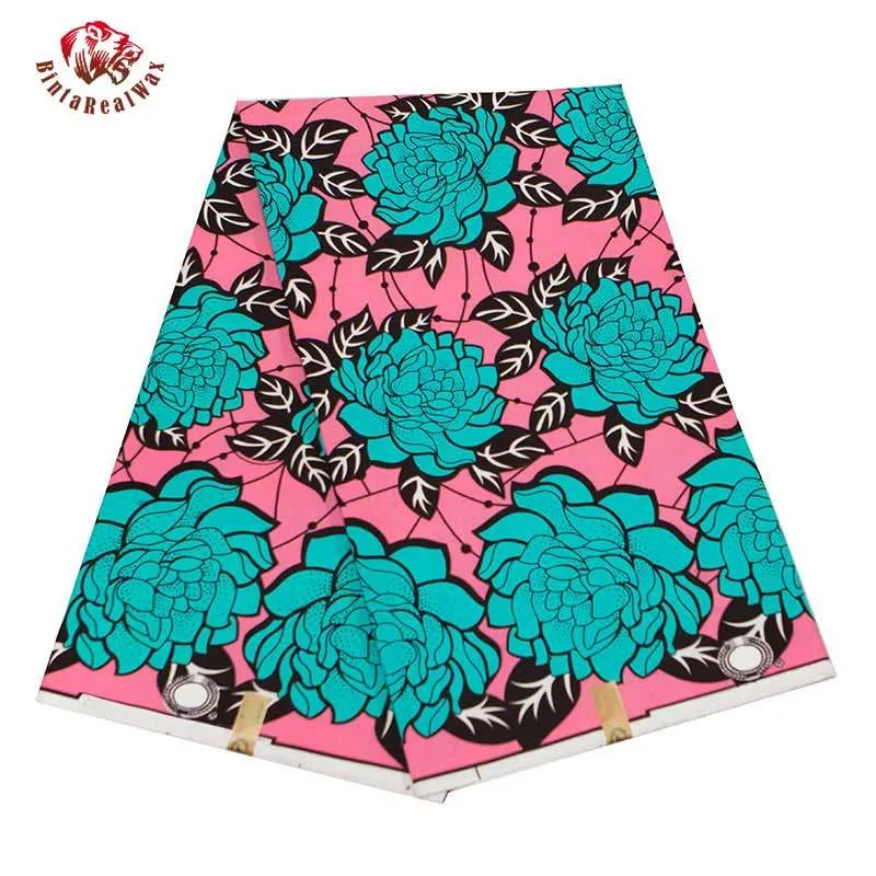 BintaRealWax Ankara tissu 100 % Polyester fond rose motif chrysanthème matériel de couture 6 YardsFP6344