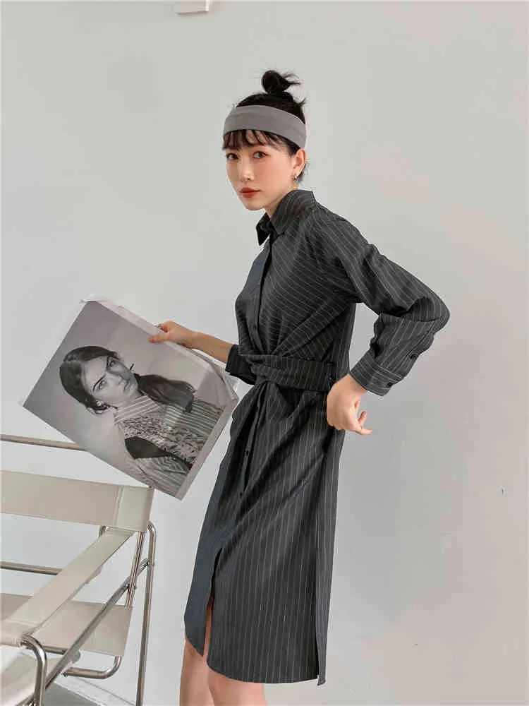 秋の縞模様の長袖シャツのドレス女性ビンテージボタンアップ包帯チュニック襟ファッション服210427