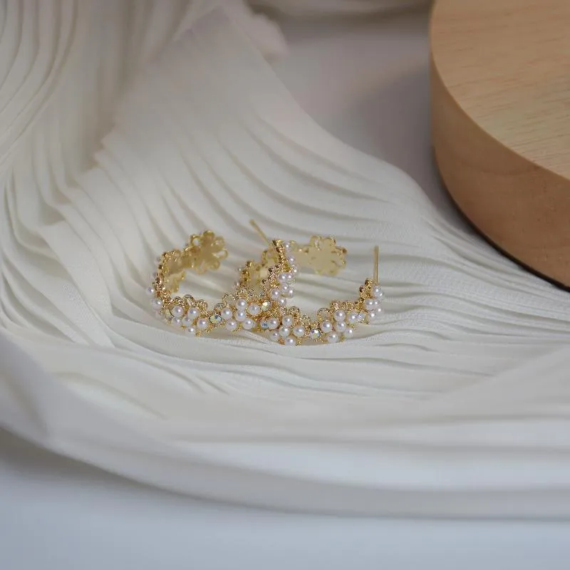 Stud Arrival Delicate Zircon CZ C Earrings For Women 14K Gold Plated Pearl Flower288a