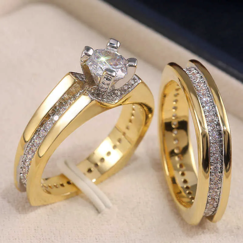 Huitan Conjunto de noivas Anel de luxo colorido dourado em forma geométrica Jóias de casamento Mulheres micro pave cz anéis de noivado da proposta de senhora x1792348