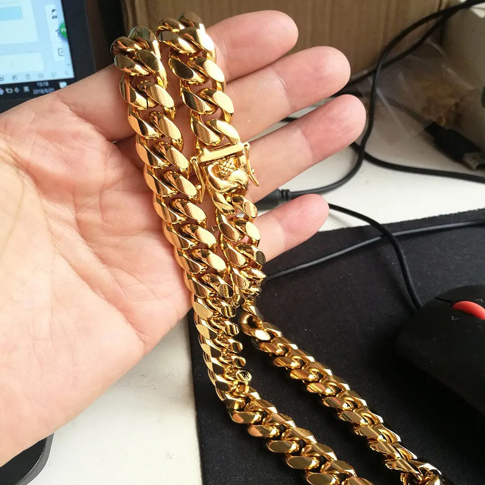 10mm 12mm 14mm Miami Cuban Link Chains Herren 14K vergoldete Ketten Hochglanzpolierter Punk Curb Edelstahl Hip Hop Jewelry267a