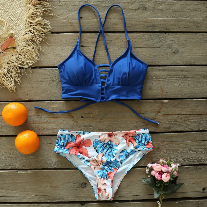 2021 Ny Sexig låghöjd bikini Set Women Swimsuit Lace Up Badkläder plus storlek Baddräkt Beach Wear Print Summer Biquini Female 210319