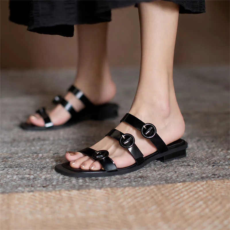 Meotina femmes pantoufles chaussures bande étroite sandales à talons bas bout carré diapositives talon épais cuir de vache dames chaussures été noir 210608