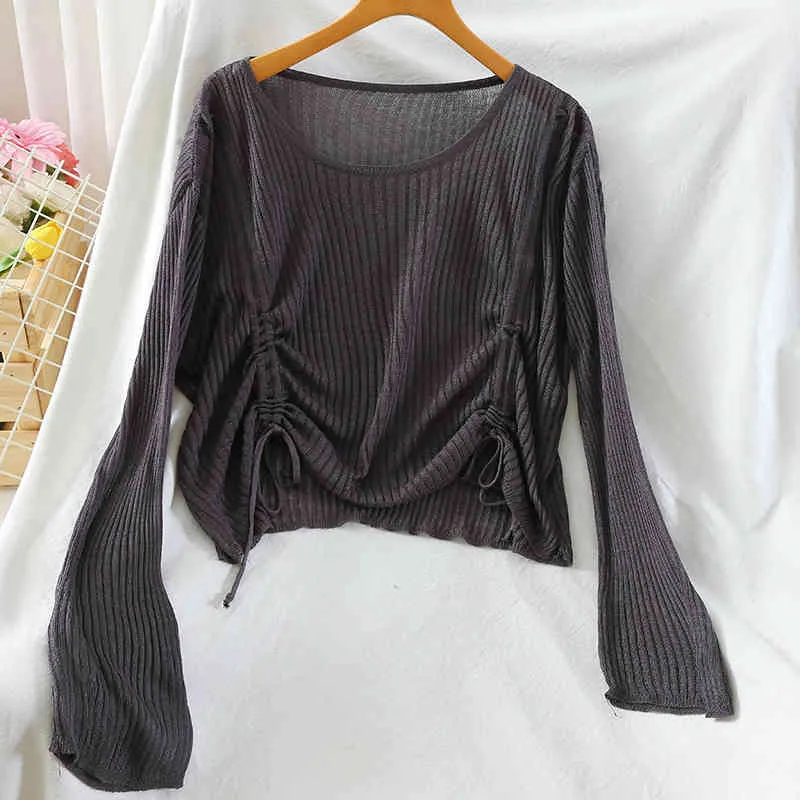 Spring Autumn Women's Top Hollow Round Neck Drawstring Loose Korean Pure Color Sunscreen Long Sleeve Female s LL242 210506