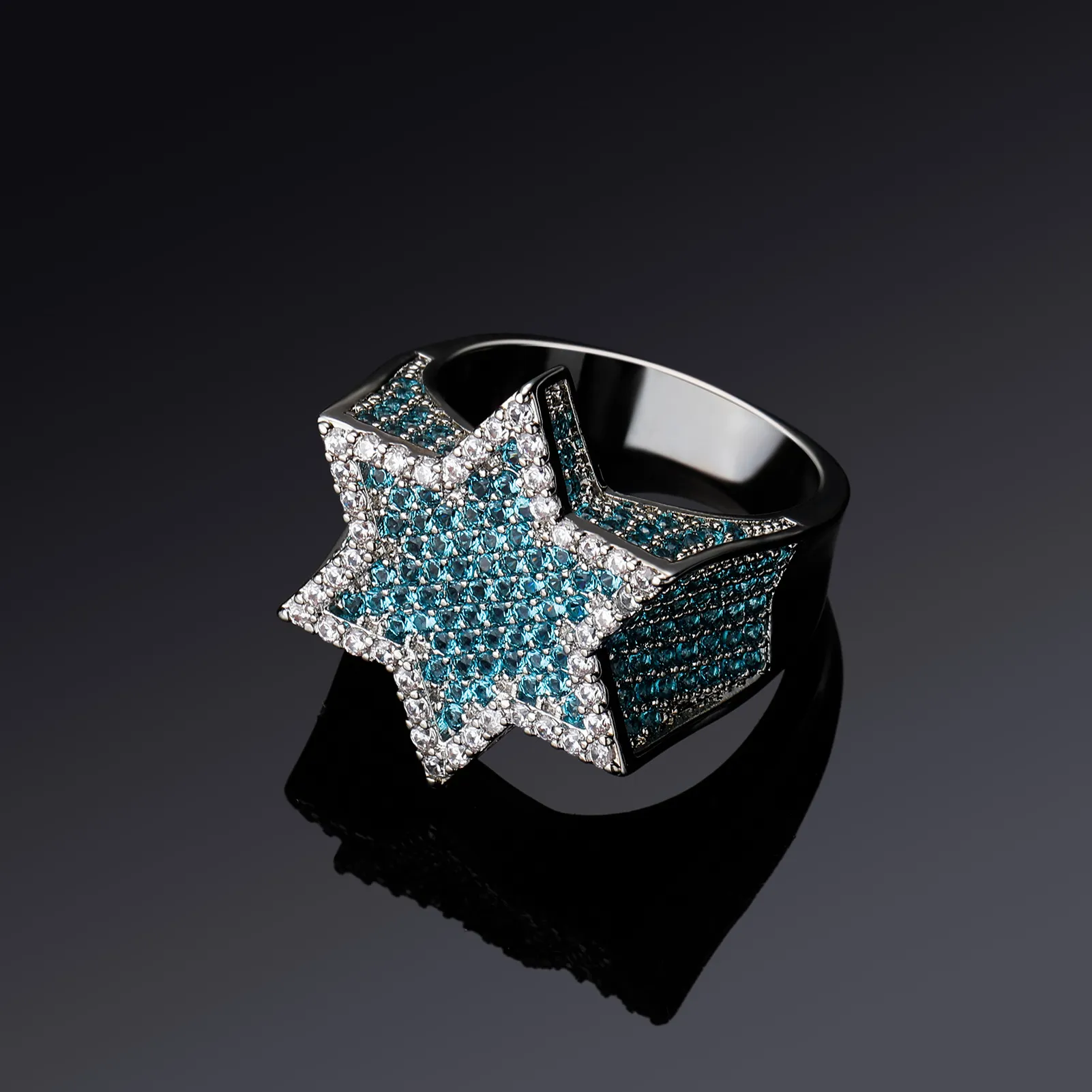 新しい六角形の星シルバーカラーブルーアイスアウトサイドストーンズリング付きキュービックジルコンマイクロ舗装ダイヤモンドヒップホップジュエリーギフト248G