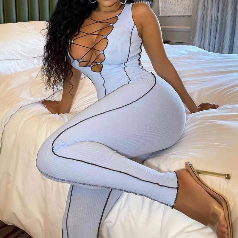 OMSJ High Street White Mouwloos Lace-Up Sexy Bodycon Sporty Jumpsuit Diepe V-hals Zomer Rompertjes Trendy Overalls Lange Broek 210517