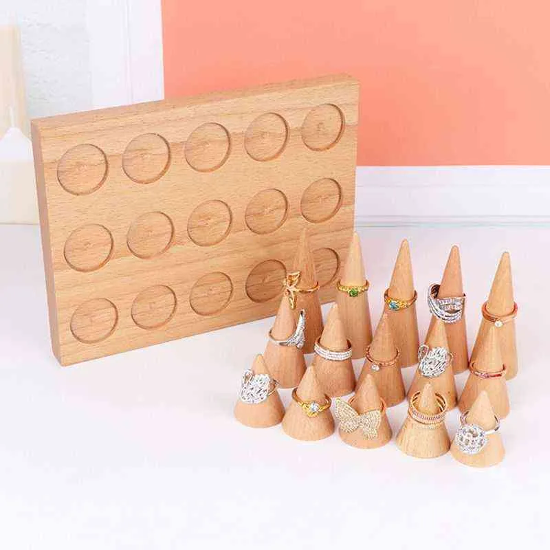 Natural Wood Cone Shape Finger Ring Stand Jewelry Display Holder Showcase Stands Rings Bracelet Tray 211105240p