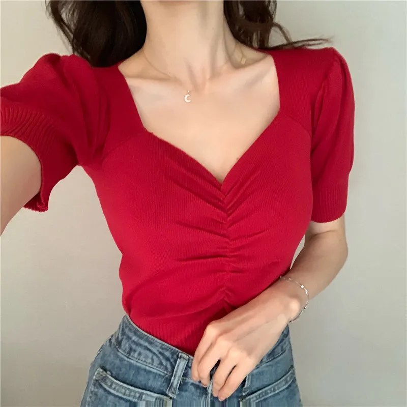 Summer Sexy V-neck Woman Knitted Tshirts Fashion Puff Short Sleeve Solid Knit Tops Woman All Match Slim Female Tee 210514