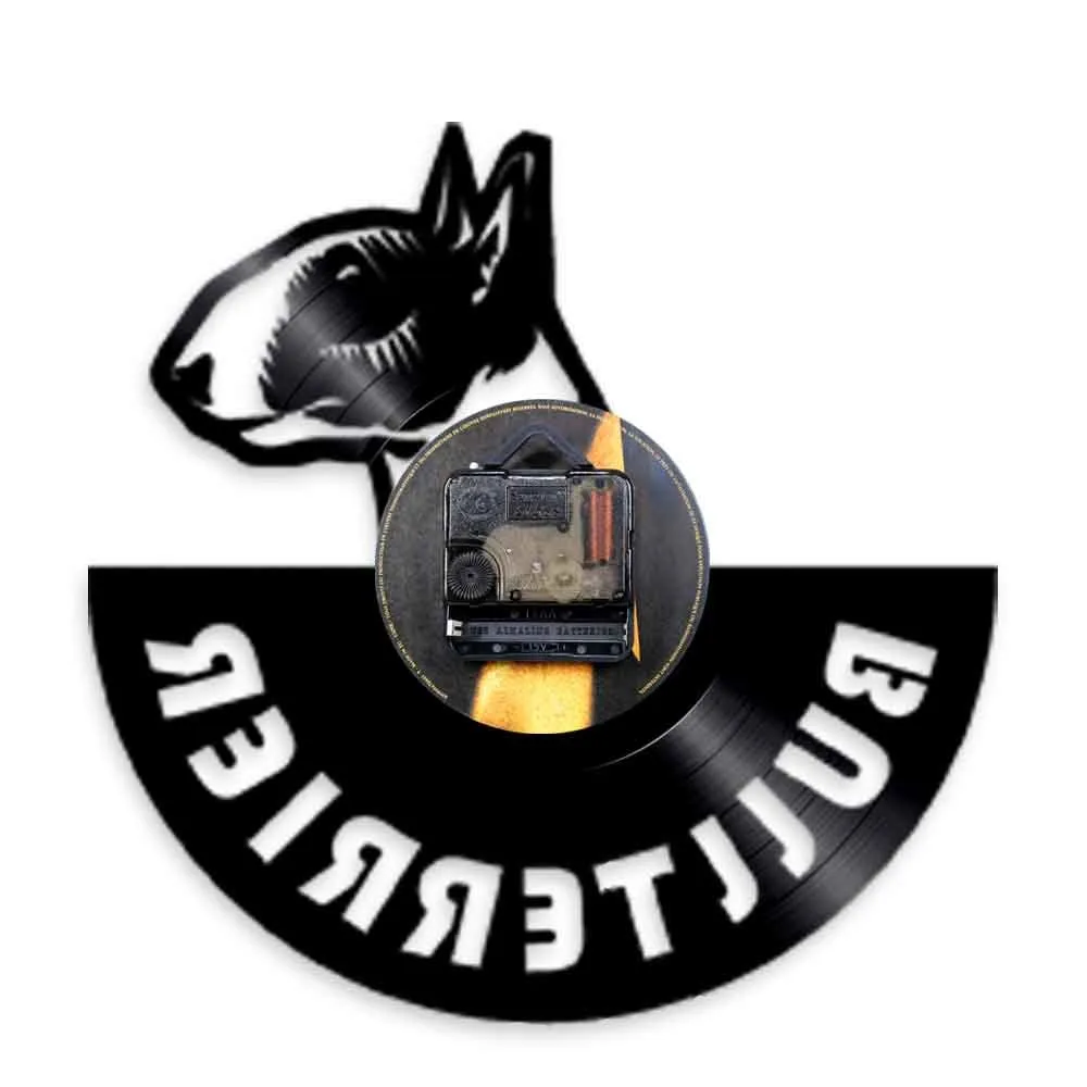 Anglais Bullterrier Disque Vinyle Silencieux Horloge Murale Chien Spirale Montre Chiot Toutou Pet Mur Montre Bull Terrier Propriétaire Cadeau 210325