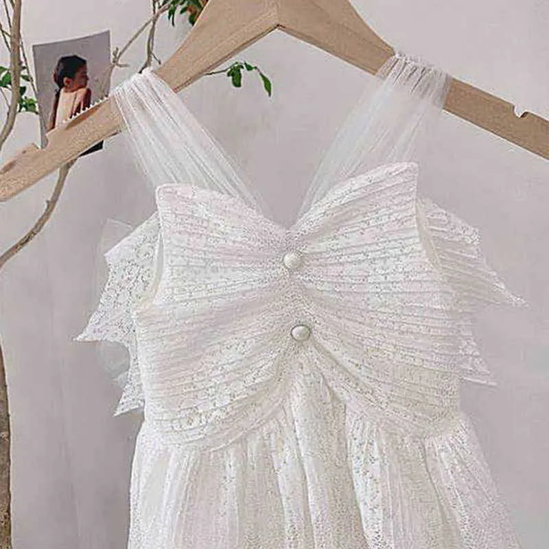 Summer Girl Dress Sleeveless White Princess with Bowknot Flower Open Back High Low E0001 210610