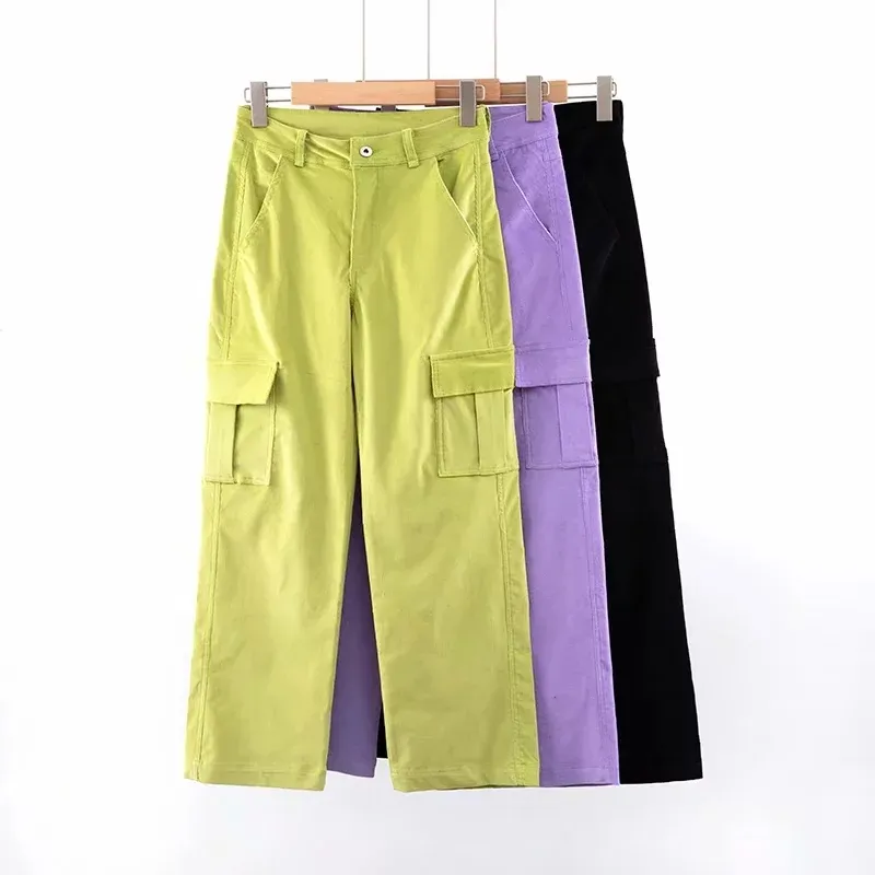 Pantalones de pana verde y negro Vintage de invierno para mujer, pantalones holgados de cintura alta de camuflaje, ropa de calle informal cálida cargo de talla grande 210521