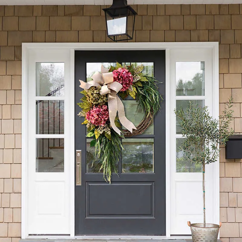 農家ピンクのアジサイの花輪の素朴な家の装飾玄関の壁の装飾用人工花輪Q08127060179