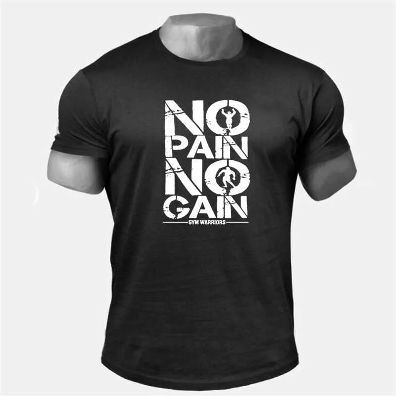 Одежда для спортзала Бодибилдинг Фитнес Мужская футболка Workout NO PAIN GAIN хлопковая футболка с коротким рукавом спортивная футболка homme 210629