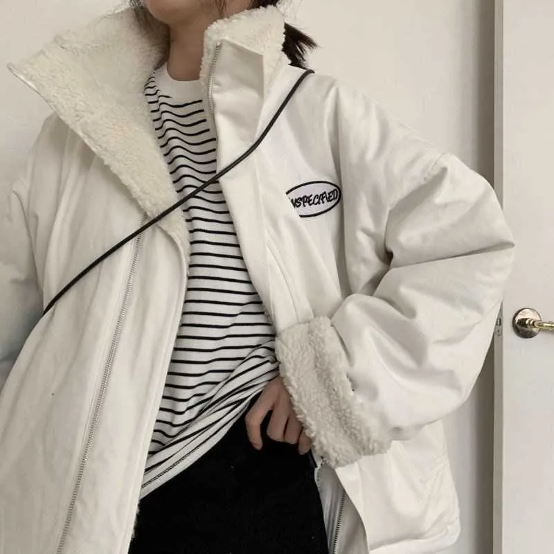 Obie strony nosić zima jagnięcina aksamitna kurtka damska retro hong kong style ins małe krótkie bawełniane płaszcz wom 210916
