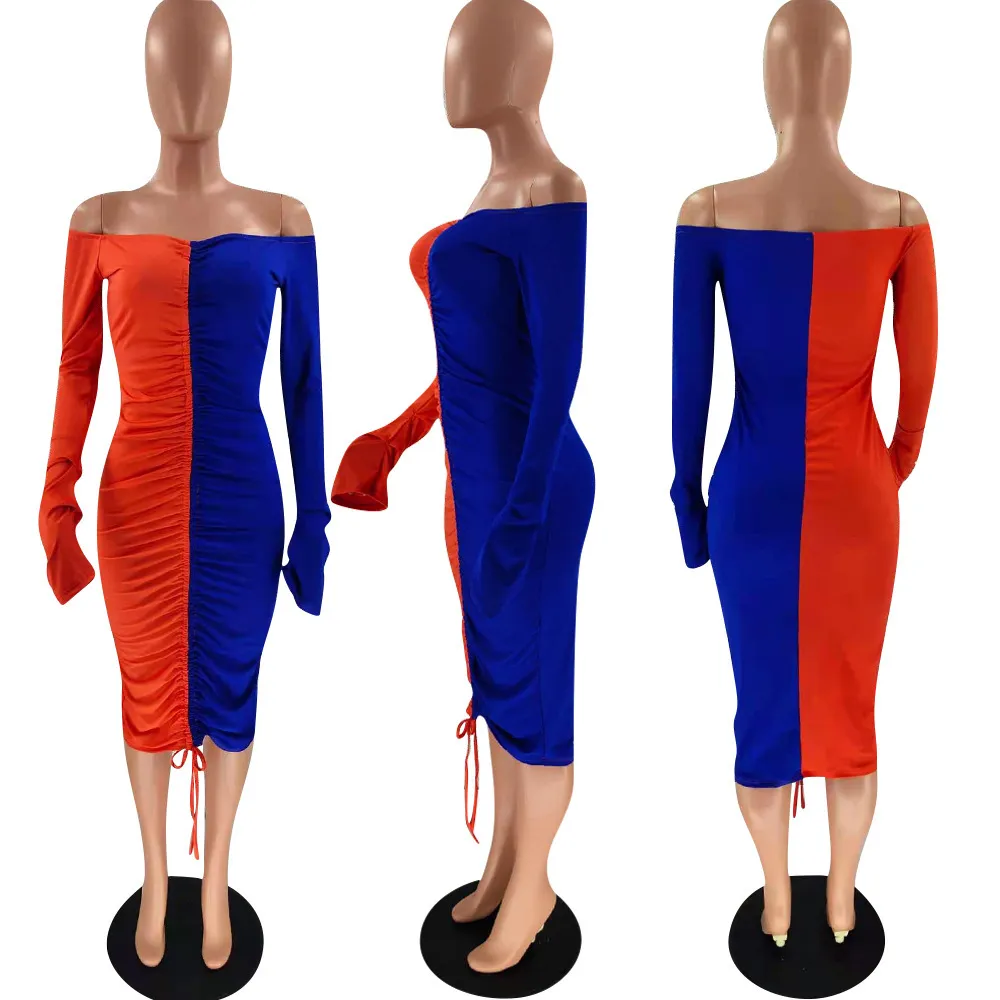 Contrast kleur patchwork zomer jurken voor vrouwen aankomst flare lange mouw bodycon casual jurk groothandel 210525
